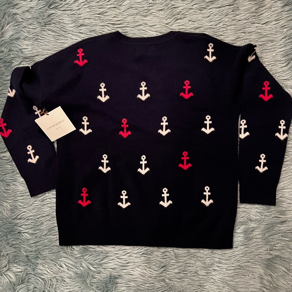 Cynthia Rowley 100% 2-ply Cashmere Blue with multicolor anchor design Sweater